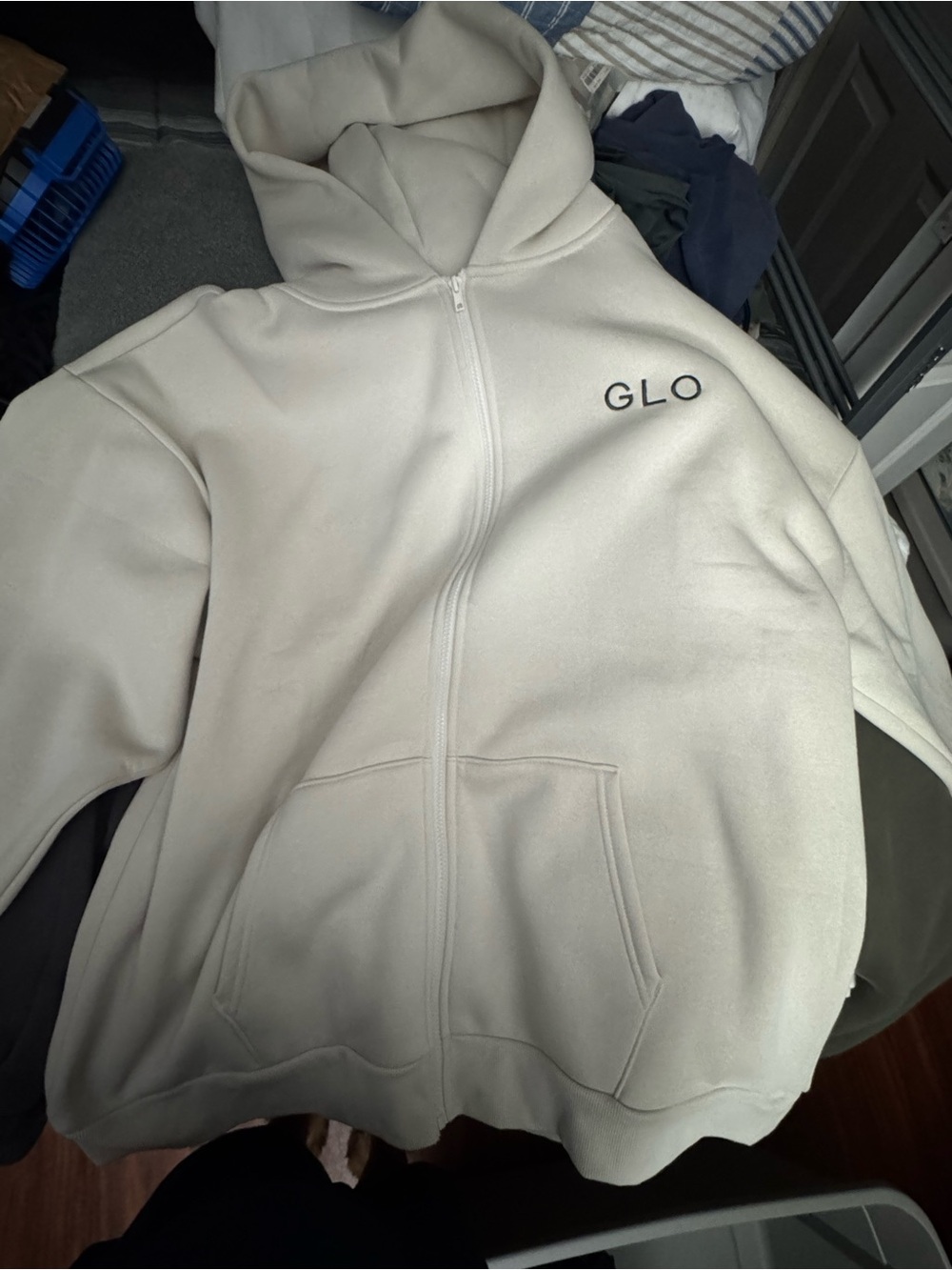 GLO Logo Zip-Up Hoodie in Light Beige